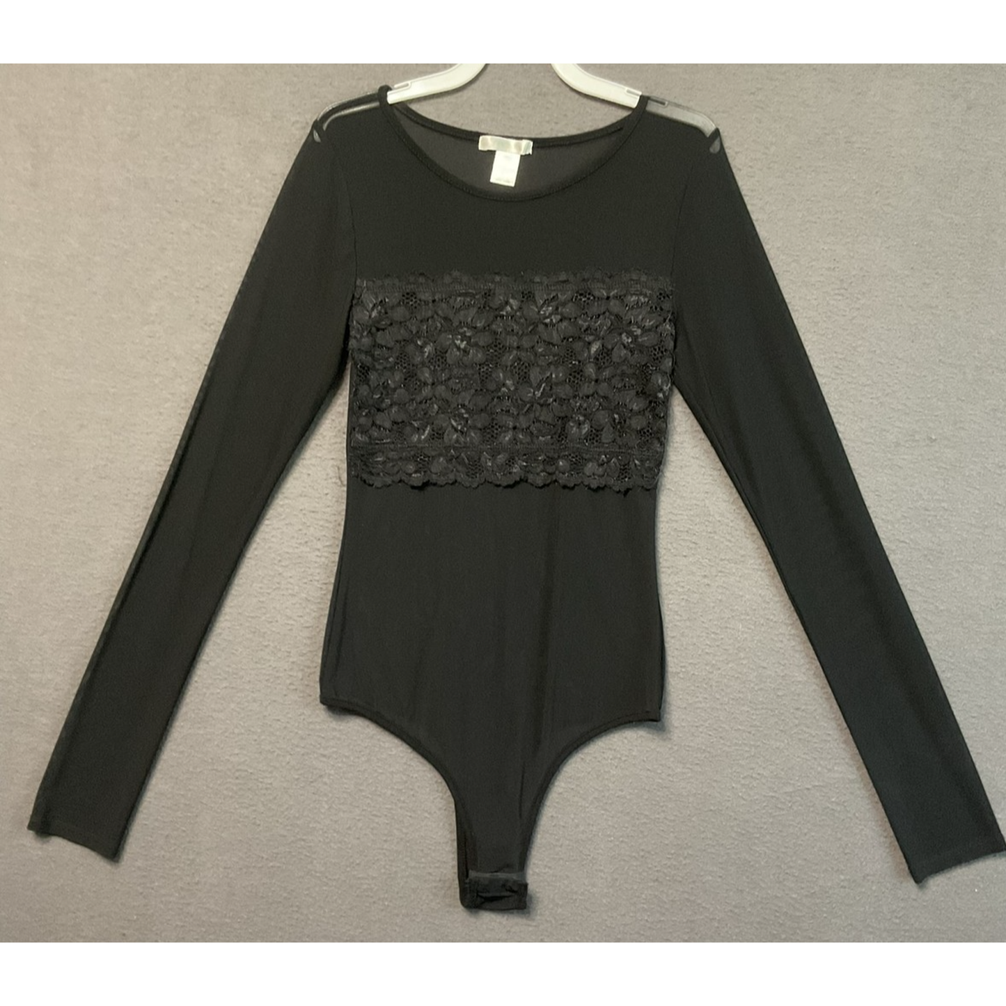 Soho Apparel Bodysuit Womens Small Black Long Sleeve Lace Floral Sheer Stretchy