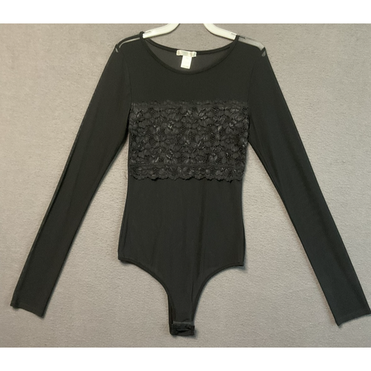 Soho Apparel Bodysuit Womens Small Black Long Sleeve Lace Floral Sheer Stretchy