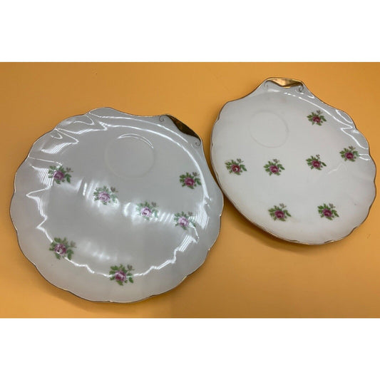 Rose Pattern Luncheon 2 Plates  7.5" Gold Trimmed Scalloped Edge VTG