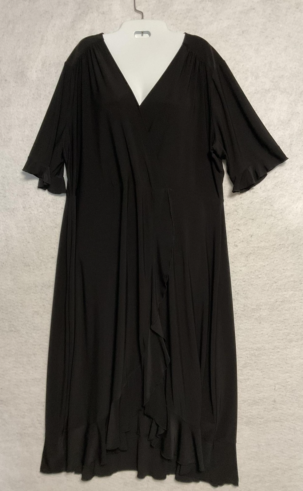 Cato Dress Womens 18/20W Black Wrap Maxi Flutter Sleeve Ruffle Hem Stretch Knit