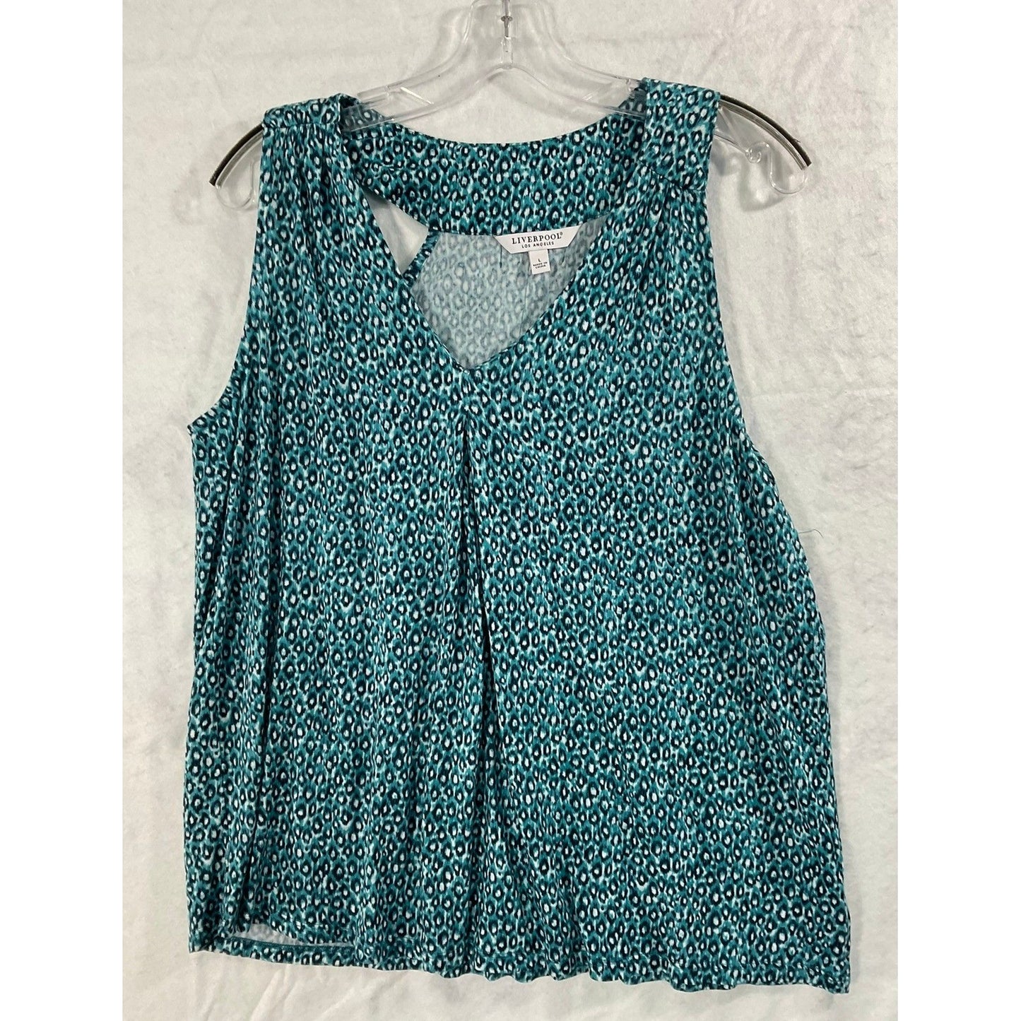 Liverpool Sleeveless Top Womens Large Teal Cheetah V-Neck Pleated NEW