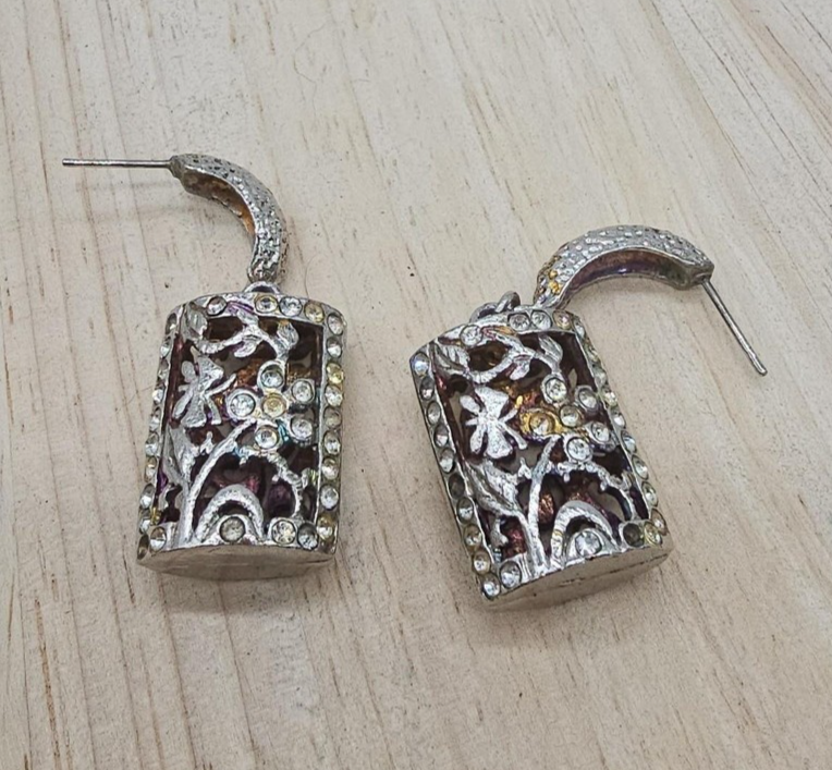 Silver Tone Rectangle Dangle Earrings Womens Rhinestone Floral Drop Jewelry