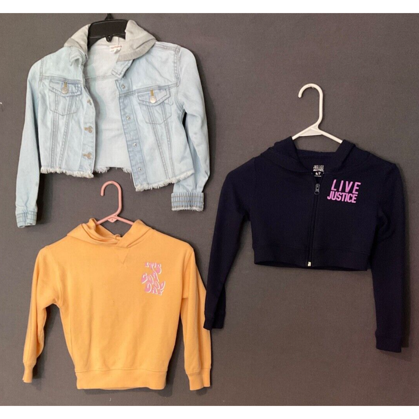 Lot of 3 Girls Hoodies/Jackets Denim Jacket w/ Hood, Yellow, Black Size 6/7