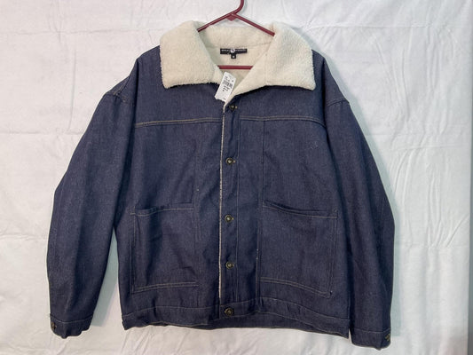 Ashley Stewart Jacket Womens Medium Blue Denim Sherpa Collar Lined Warm Winter