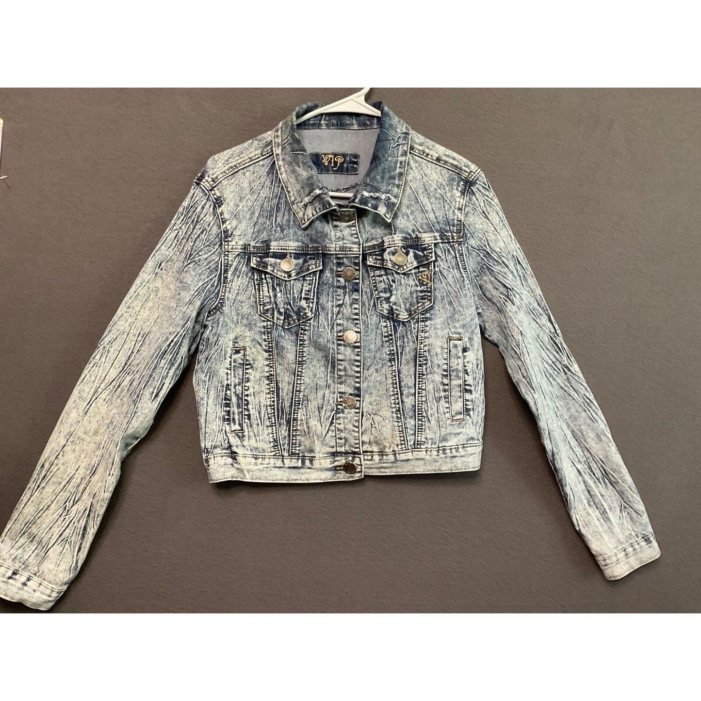 VIP Acid Wash Denim Jacket M Retro 80's Style Grunge Distressed Long Sleeve