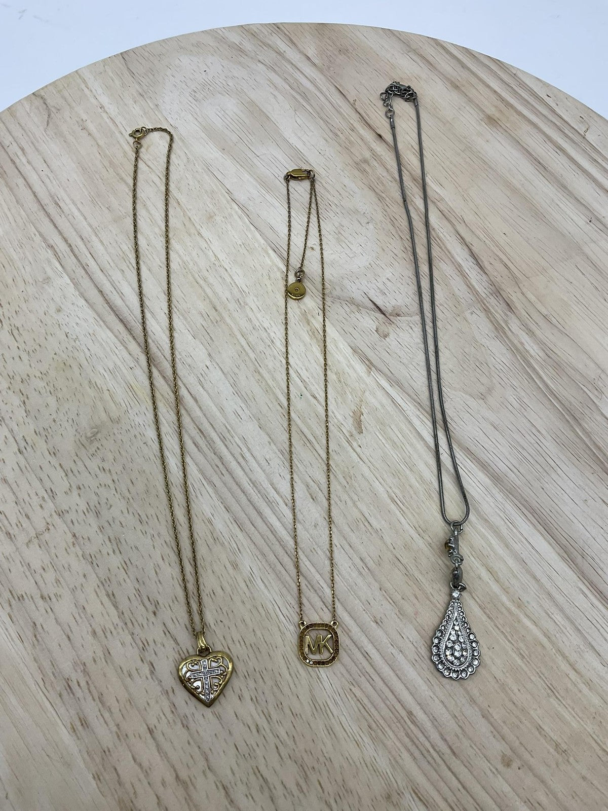 Lot 3 Mixed Brand Necklaces Gold Tone Heart Cross MK Teardrop Womens Jewelry