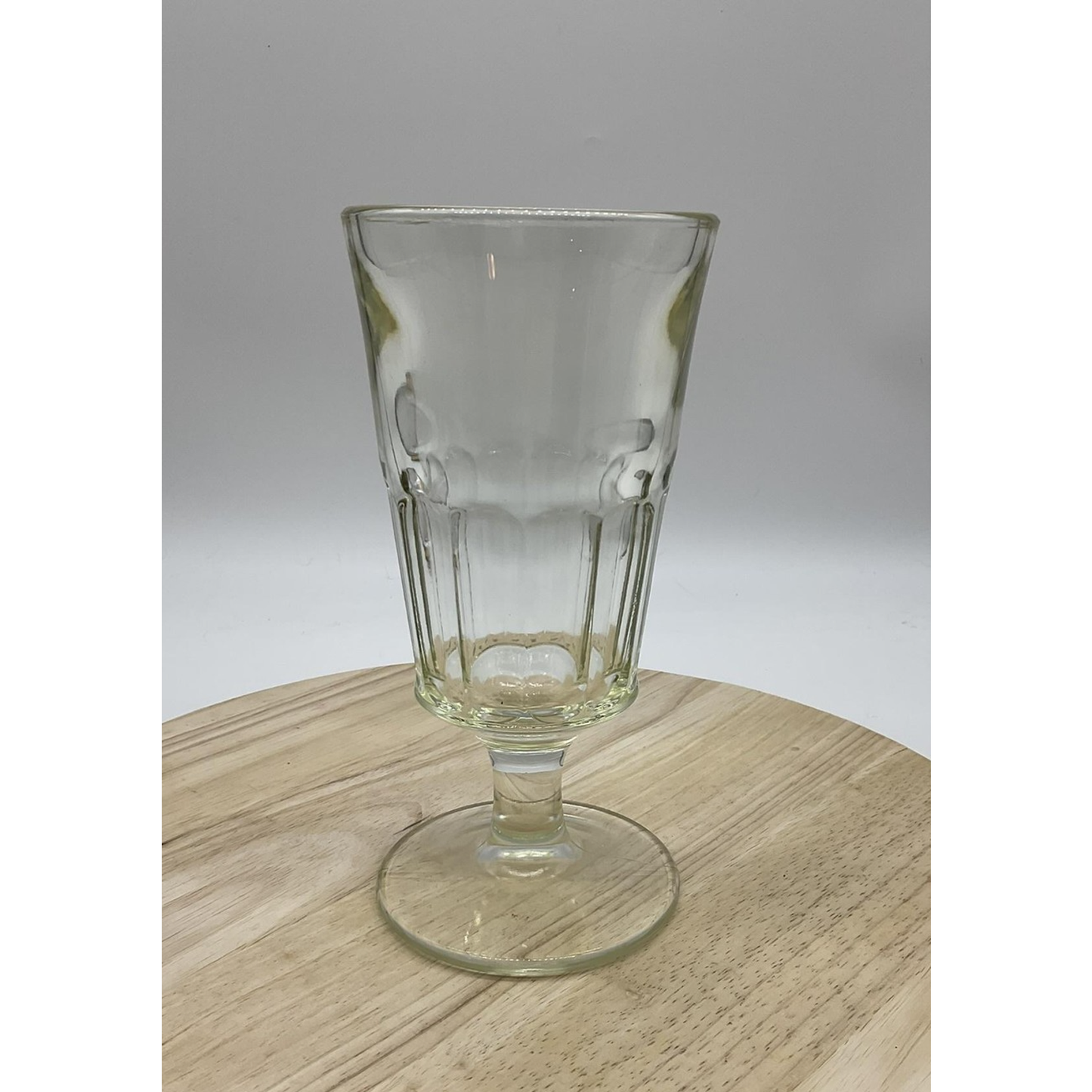 Pressed Glass Goblet Iced Tea Footed Clear Yellow Tint Paneled Flared Rim Heavy