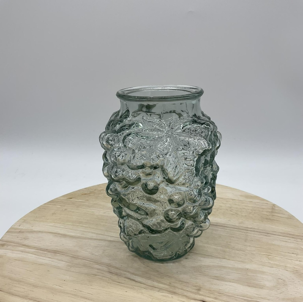 Textured Grapevine Clear Green Glass Vase Grape Leaf Raised Pattern Decor