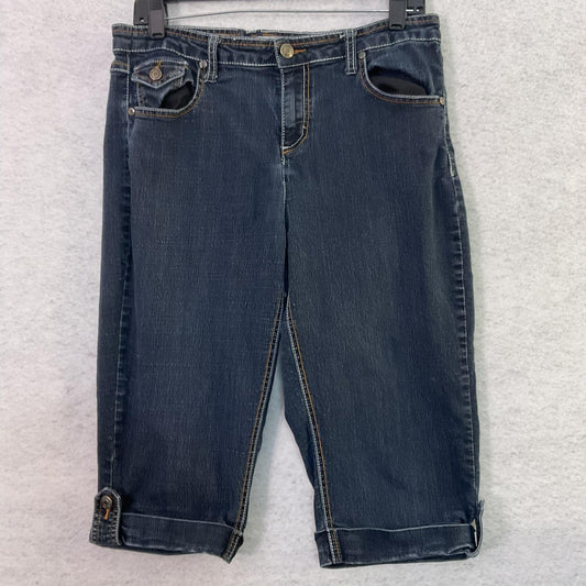 Cato Jeans Womens 12 Blue Dark Wash Mid Rise Cuffed Capri Embroidered Stretch