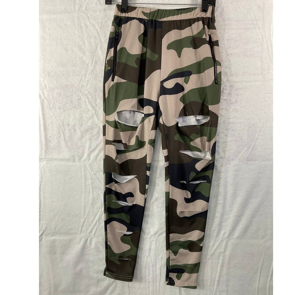 Camo Joggers Women Large Green Distressed Zipper Pocket Streetwear