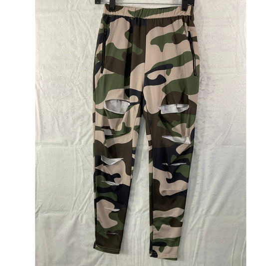 Camo Joggers Women Large Green Distressed Zipper Pocket Streetwear