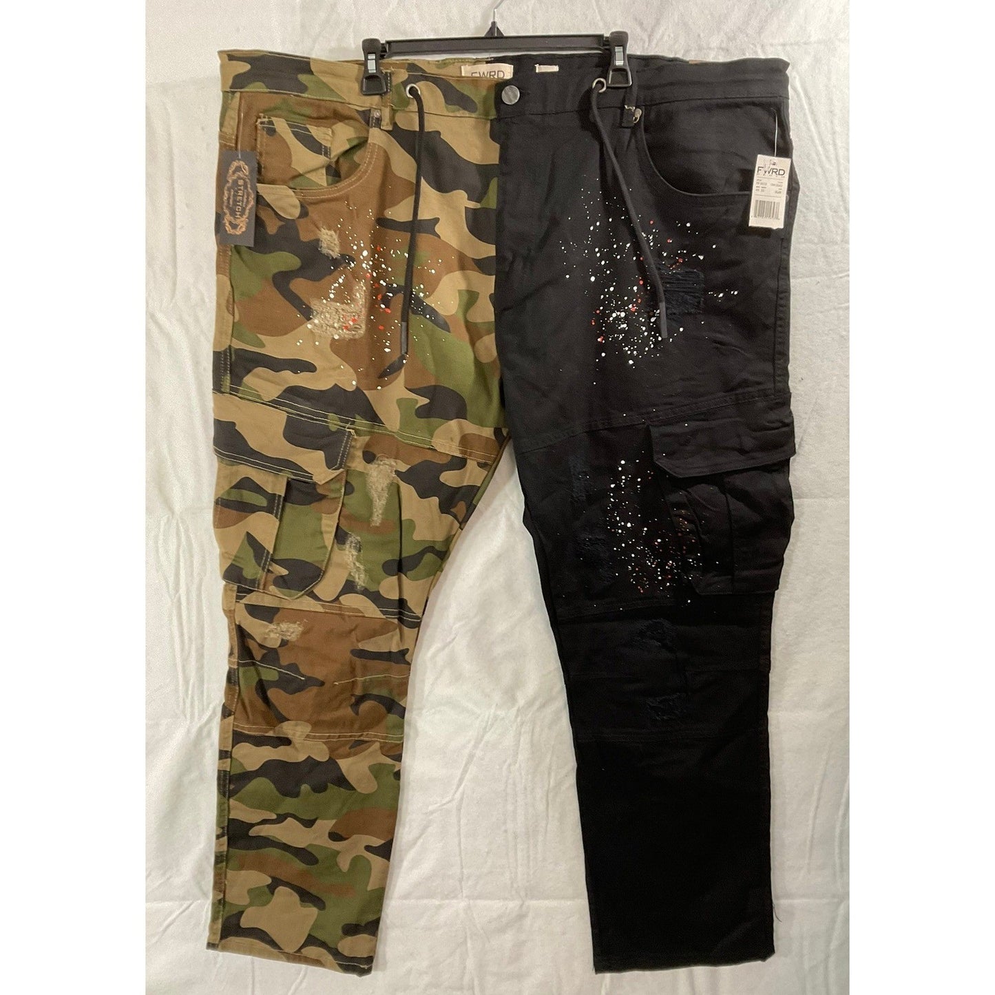 FWRD Denim Cargo Pants Men 48x33 Camo Black Paint Splatter Distressed Streetwear