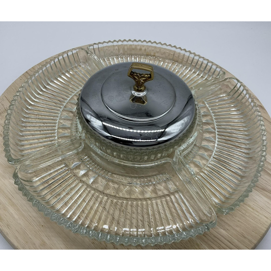 Vintage Glass Relish Tray 5 Section Center Bowl Metal Lid Retro Grandma Core