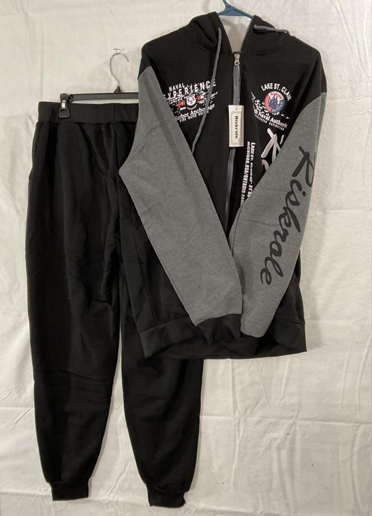 Riskrole Tracksuit Mens XL Black Gray Fleece Hoodie Joggers Nautical 2 Piece Set