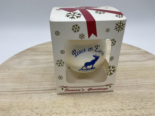 Christmas Bauble Peace On Earth Blue Elk Bluefield White Ornament 70's Vintage