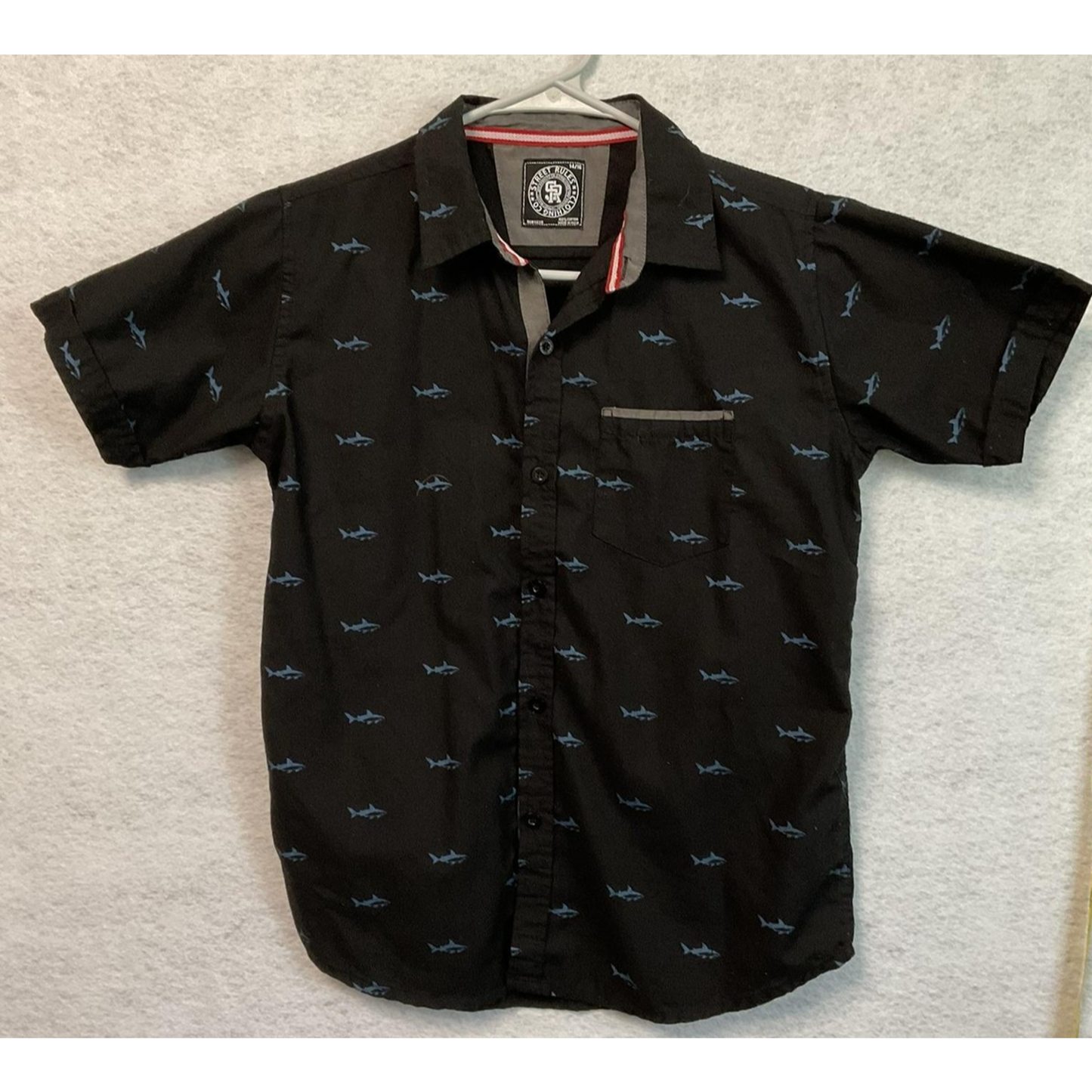 Street Rules Shirt Youth Large Black Shark Print Button Up Short Sleeve Casual