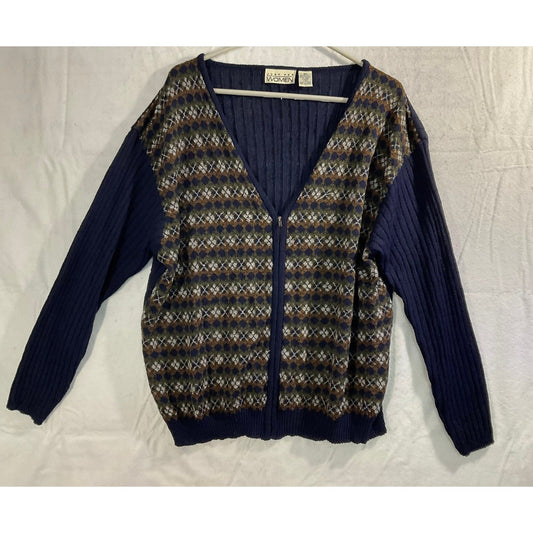 Just For Women Cardigan Sweater Women 3X Navy Blue Argyle Zip Up Ribbed Knit