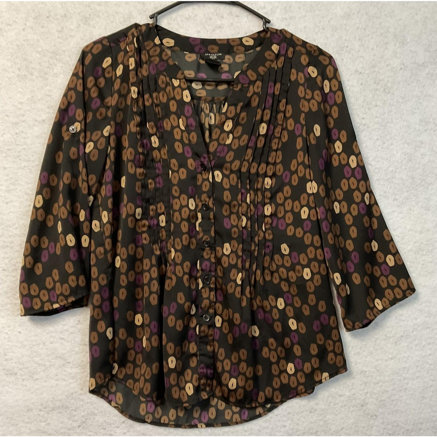 Ann Taylor Shirt Blouse Womens XS Petite Black Brown Dot Pintuck 3/4 Sleeve