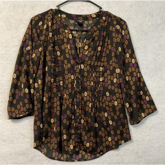 Ann Taylor Shirt Blouse Womens XS Petite Black Brown Dot Pintuck 3/4 Sleeve