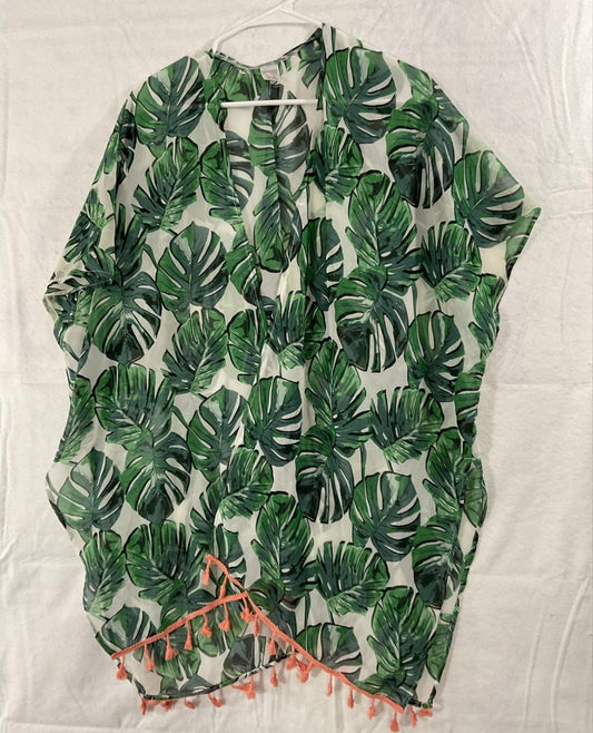 Tropical Kimono Blouse Womens One Size Green Leaf Sheer Tassel Hem Beach Coverup