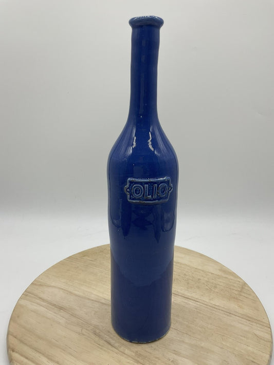 Horchow Blue Stoneware Olio Bottle Made In Italy Tall Kitchen Decor Display