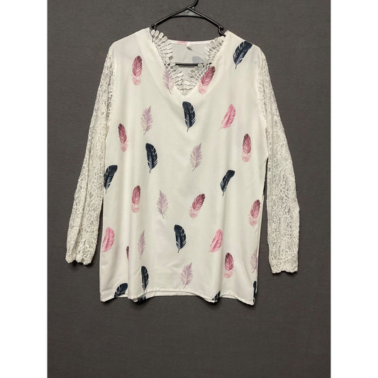 Feather Print Lace Sleeve Blouse XL White Pink Navy Boho Romantic Goth