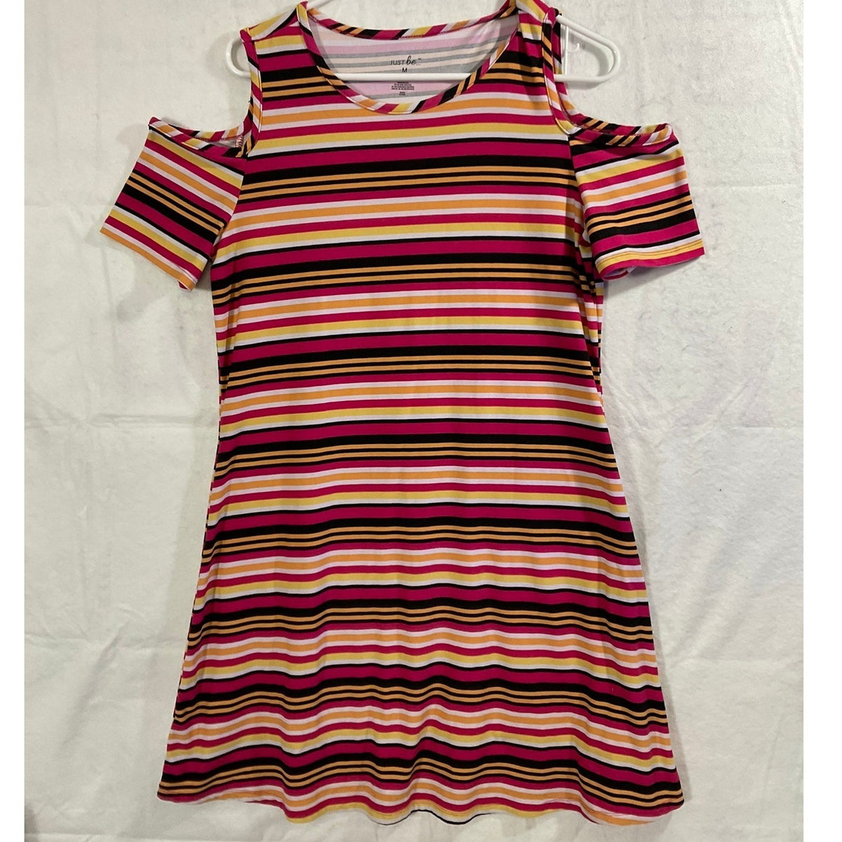 Just Be Striped Dress Womens M Multicolor Cold Shoulder Short Sleeve Knit Casual