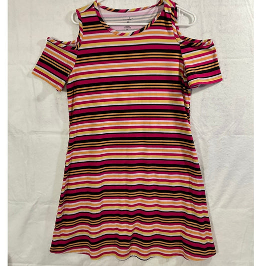 Just Be Striped Dress Womens M Multicolor Cold Shoulder Short Sleeve Knit Casual