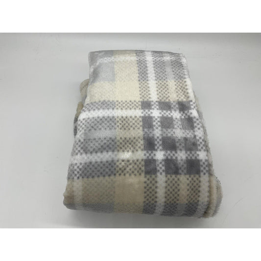 Greenbrier Printed Plush Throw Blanket 50x60 Gray Beige Plaid Soft Polyester Bed