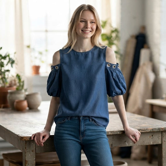 Linea Donna Cold Shoulder Top Womens Large Blue Lyocell Grommet Blouse