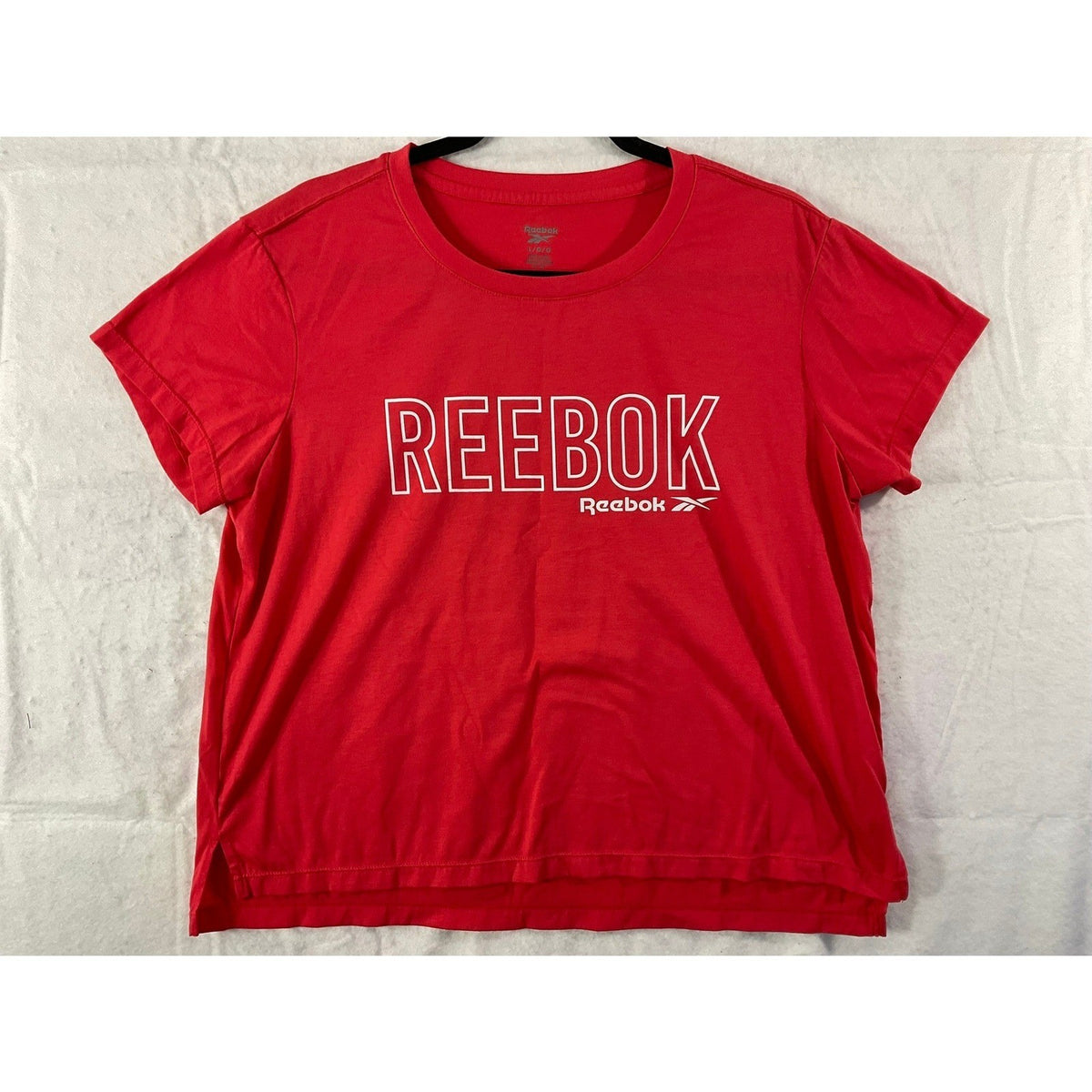 Reebok T-Shirt Women Large Red Graphic Spellout Logo Athletic Tee