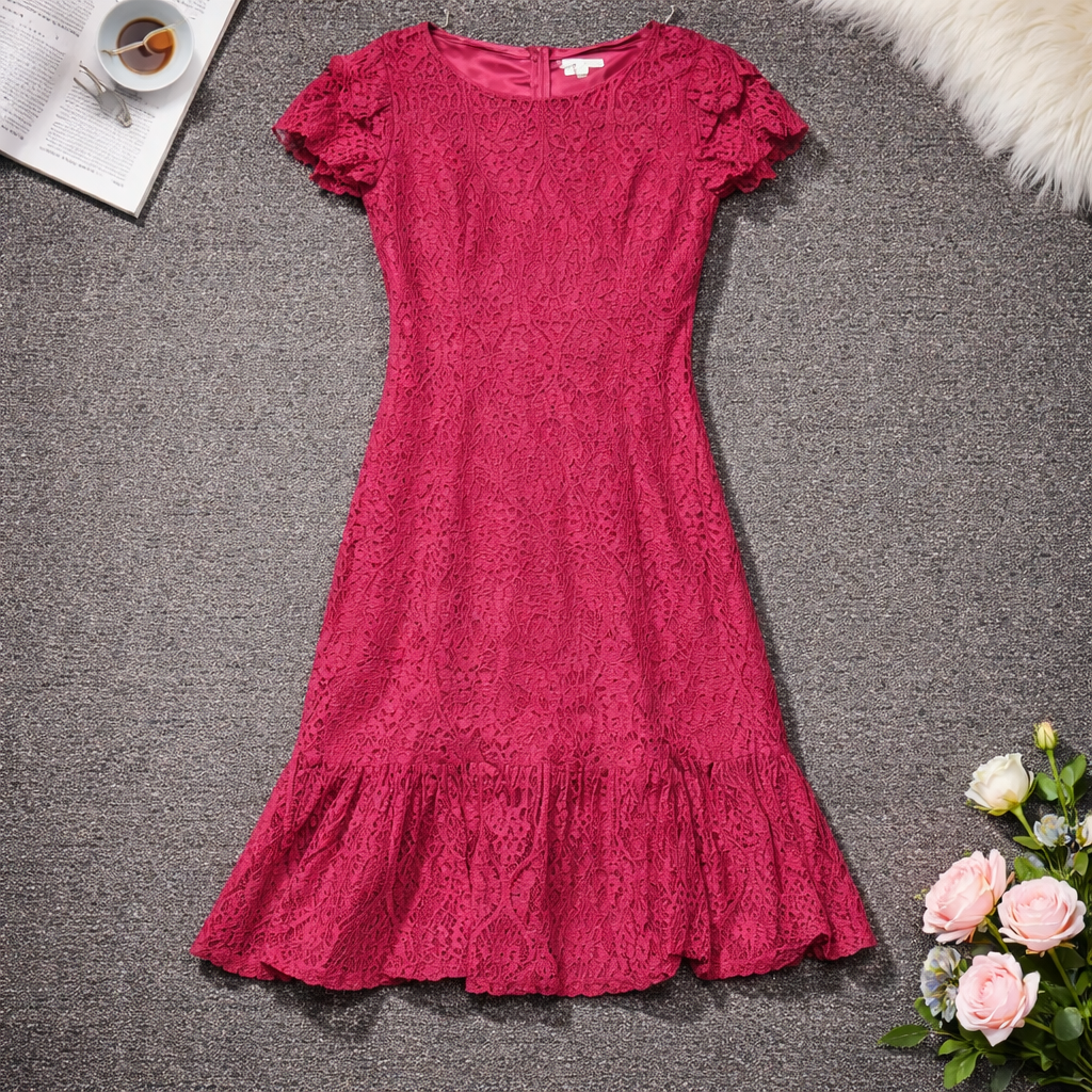 Miami Burgundy Romantic Lined Lace Dress M Scallop Sleeve Crochet Design