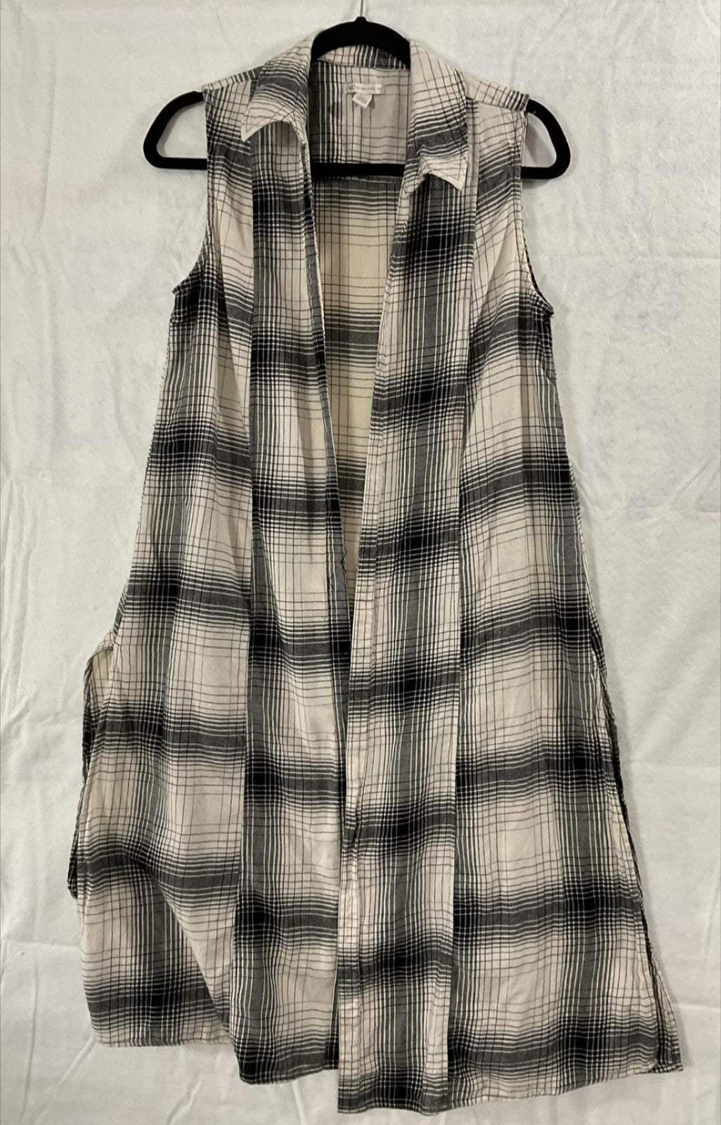 Cato Vest Womens Large White Black Plaid Long Open Front Kimono Sleeveless