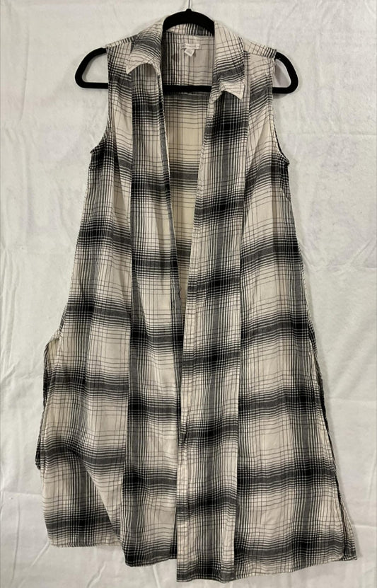 Cato Vest Womens Large White Black Plaid Long Open Front Kimono Sleeveless