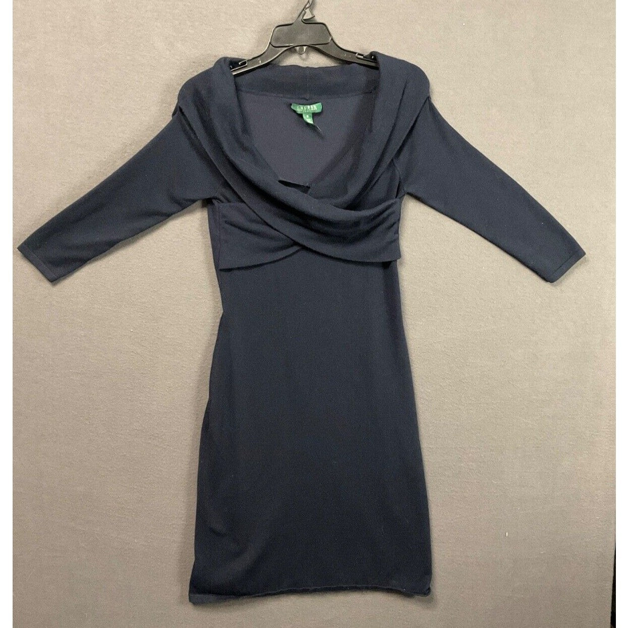 Ralph Lauren Dress M Navy Blue Knit Cowl Neck 3/4 Sleeve Elegant FLAW