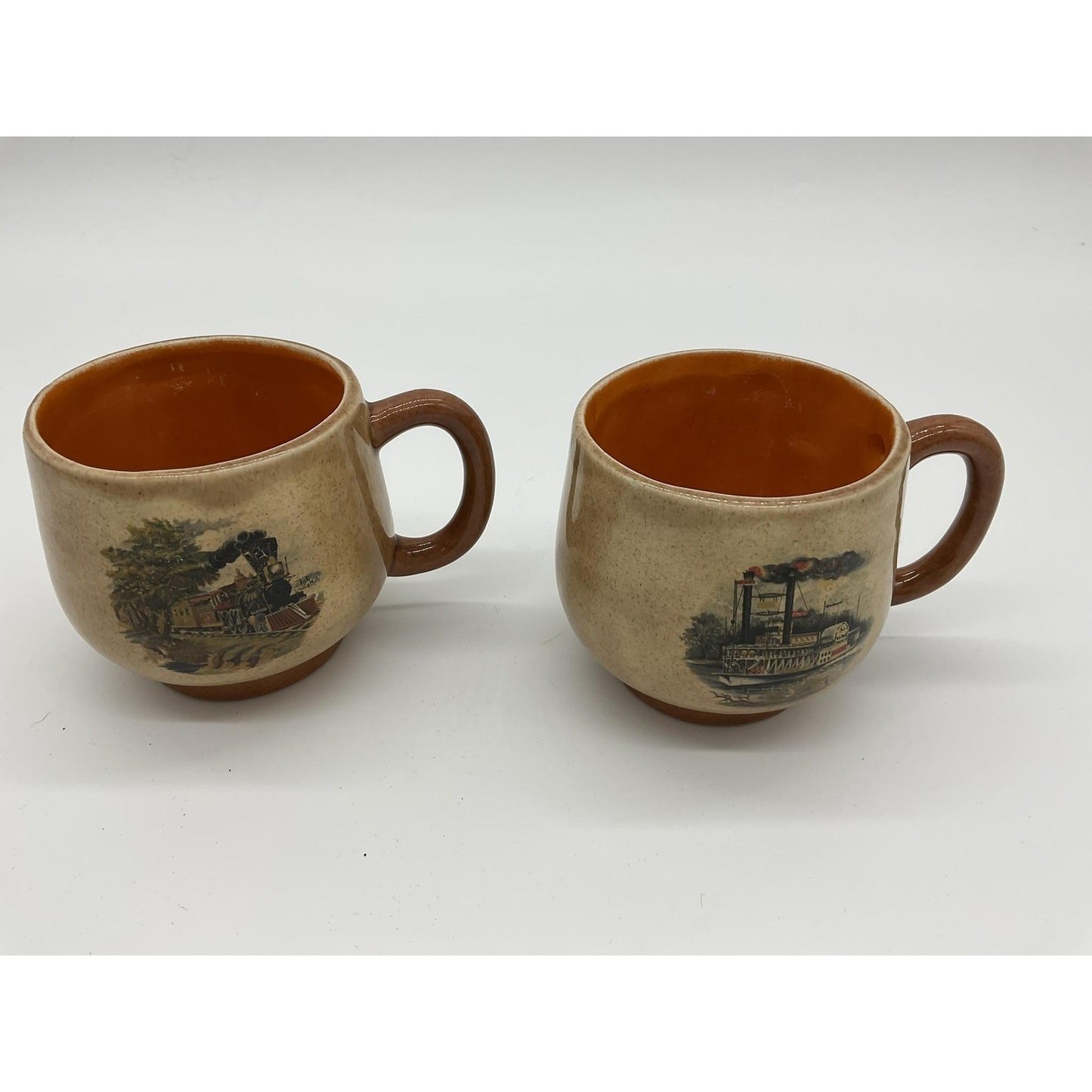 Stoneware Coffee Mugs Set Of 2 Beige Train Steamboat Graphic Unmarked VTG