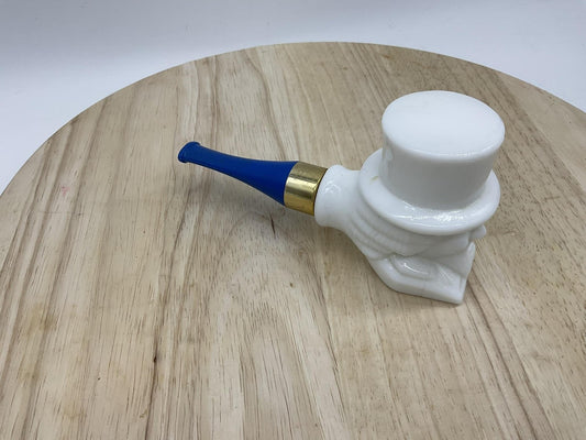 Avon Ceramic Man In Top Hat Tobacco Pipe Figurine White Blue Gold Tone Decor VTG