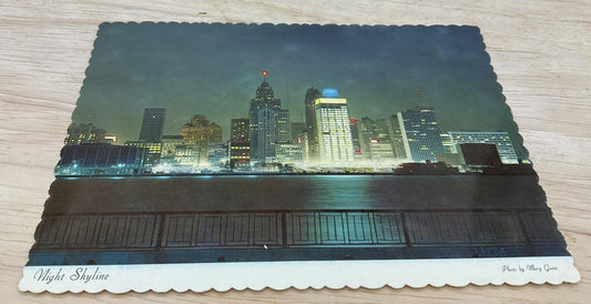 Vintage Night Skyline Detroit Michigan Hiawatha Photochrome Postcard 5.5x3.5 In