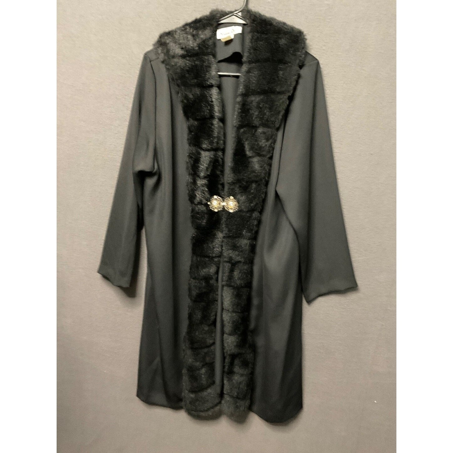 Vintage Hosanna Design Black Long Coat L Faux Fur Collar Jeweled Button USA Made