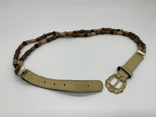 Brown Beaded Belt Womens 35" Medium Faux Leather Skinny Boho Western Gold Buckle