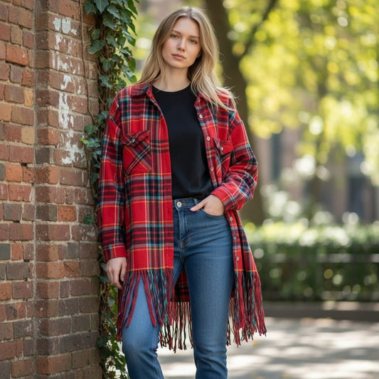 Thrill Jeans Shacket Womens Large Red Fringed Hem Plaid Flannel Button Up Shirt