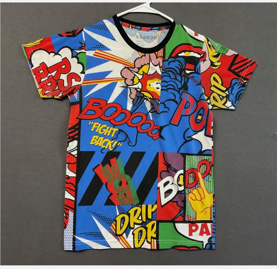 Reason Shirt Mens Small Multicolor Comic Book Pop Art Allover Graphic Tee