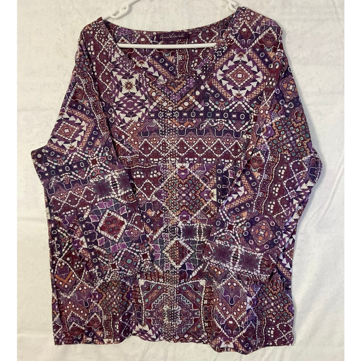 Gloria Vanderbilt Teegan Top Women XXL Purple Geometric Mosaic 3/4 Sleeve Blouse