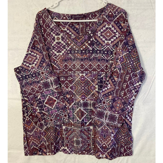 Gloria Vanderbilt Teegan Top Women XXL Purple Geometric Mosaic 3/4 Sleeve Blouse