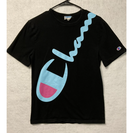 Champion Shirt Mens Small Black Blue Pink Script Logo Graphic Tee Streetwear