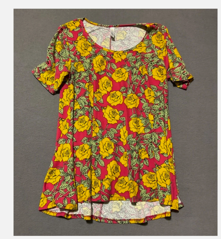 LuLaRoe Shirt Womens Small Pink Yellow Floral Tunic Short Sleeve Top Stretch