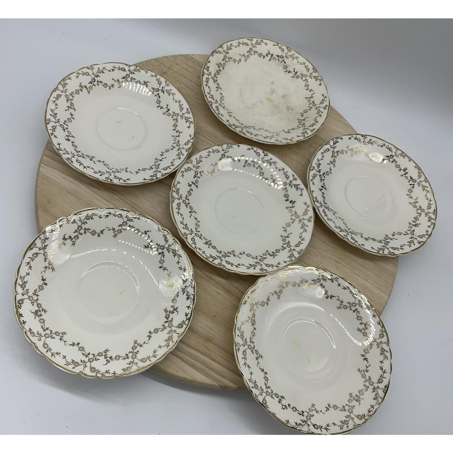 Vintage Royal China Co Ohio Saucers Set of 6 Floral 22K Gold Trim Plates USA