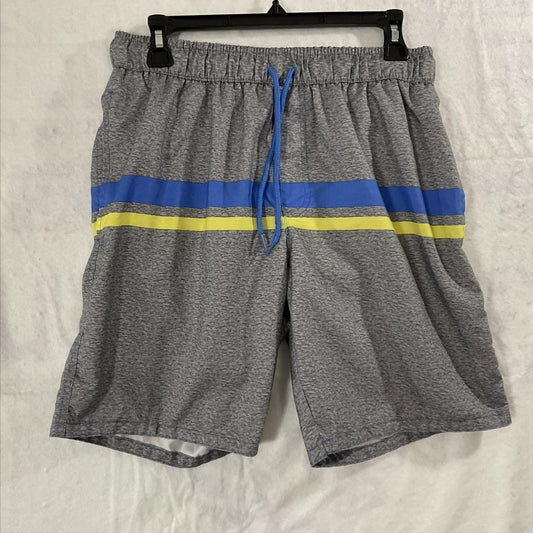 Dream Wave Swim Shorts Mens Medium Gray Striped Elastic Waist Mesh Lined Pockets