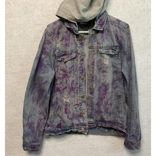 Carbon Jacket Mens Medium Blue Purple Denim Distressed Hooded Streetwear Grunge