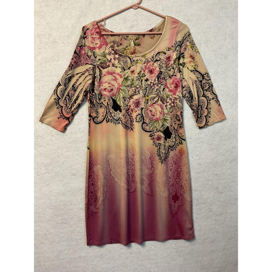 Floral Dress Womens Petite Small Pink Peach Ombre 3/4 Sleeve Stretch Made USA